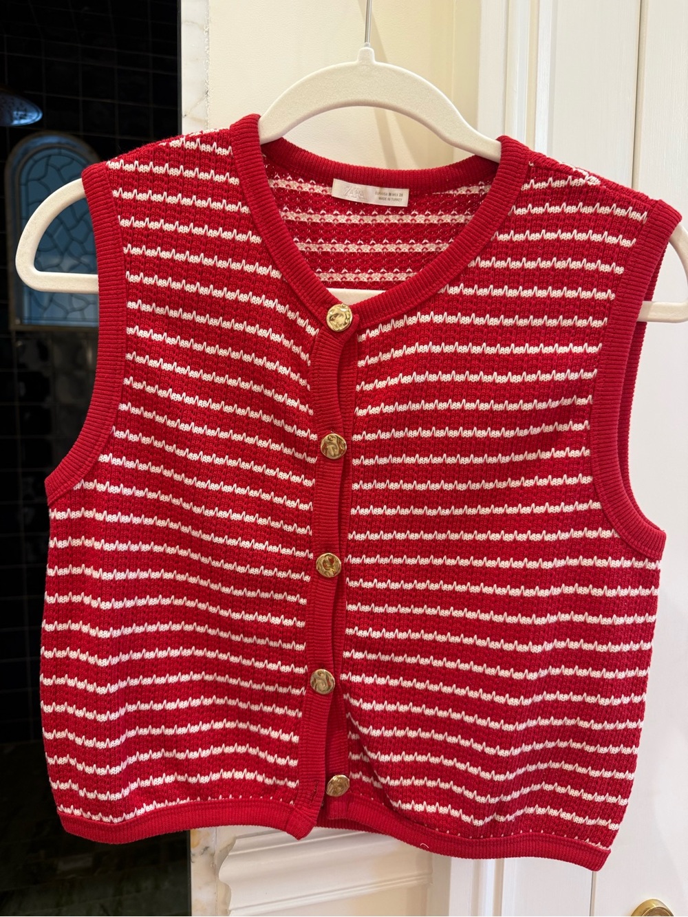 Zara Red and White Striped Crochet Knit Top